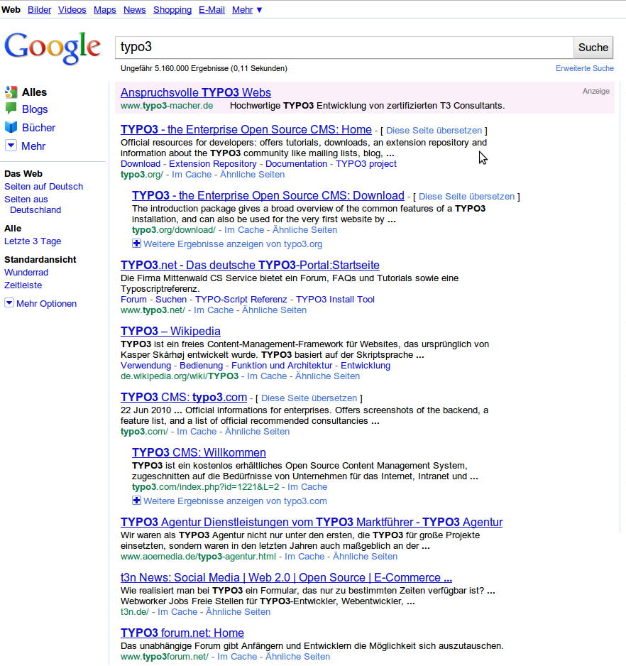 Google Suche Typo3 erste Seite 10 Ergebnisse