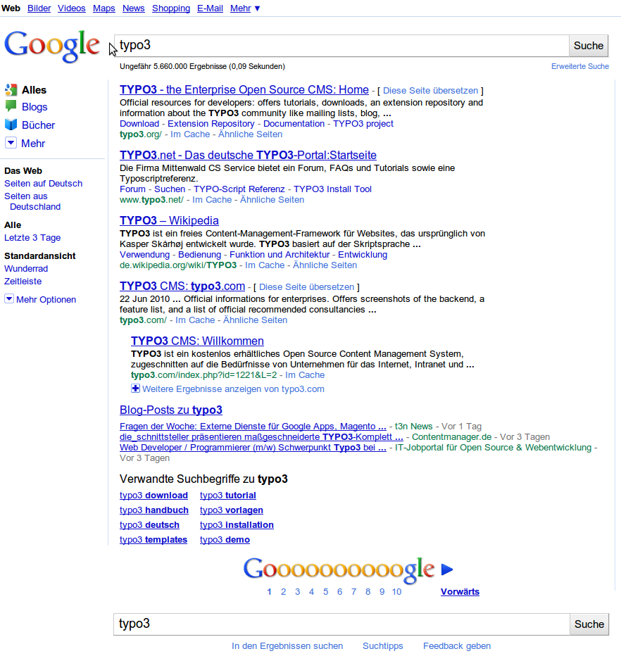 Google Suche Typo3 erste Seite 5 Ergebnisse
